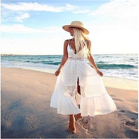 Womens Summer Boho Dress Bohemian Sleeveless Strappy White Lace Beach