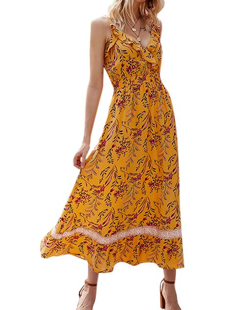 Sexy V Neck Long Maxi Dress For Women Floral Print Bohemian Beach Dress Loose Boho Sundress