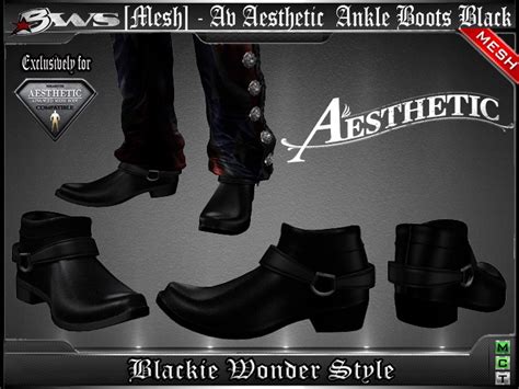 Second Life Marketplace Mesh Ankle Boots Biker Black Bws