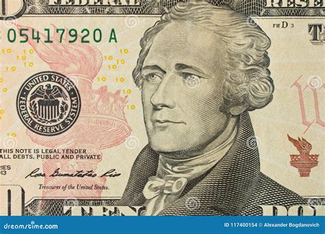 Portrait Of Alexander Hamilton On The 10 Dollar Bill Close Up Stock