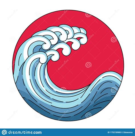 Japanese Wave In Red Sun Logo. Vector Japan Wave In Red Circle Of The