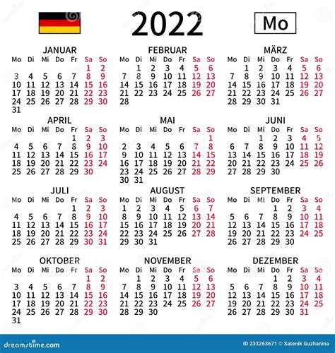 German Calendar 2022 Monday Stock Vector Illustration Of Figure