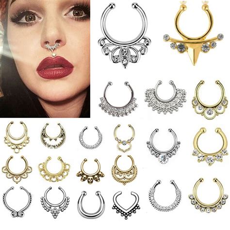 21 Mix Style Titanium Fake Nose Ring Piercings Gold Silver Plated Multi Shape Septum Piercing