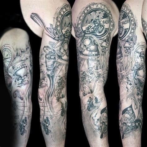 The placement, the size and the coloring of this biker tattoo design is almost perfect. 70 Biker Tattoos For Men - Manly Motorcycle Ink Design Ideas