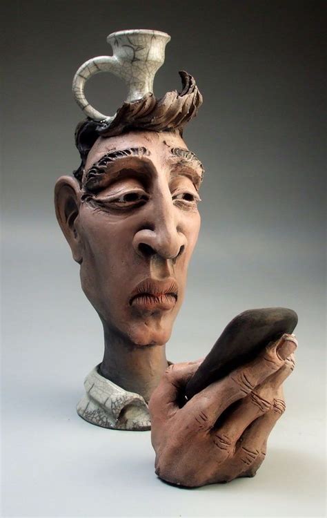 Distracted Face Jug Folk Art Sculpture Pottery Cell Phone Android By