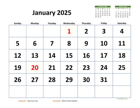 January 2025 Calendar With Extra Large Dates