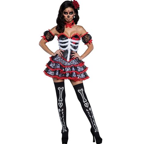 Red And Black Women Make Up Skeleton Fancy Dress Adult Scary Sexy Zombie