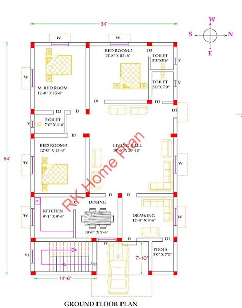 34 X 54 East Face 3 Bhk House Plan With Standard Vastu Rk Home Plan