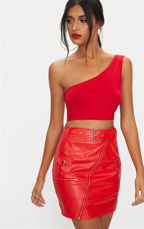 Basic Red Jersey One Shoulder Crop Top Tops Prettylittlething Usa