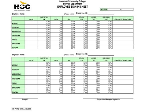 Employee Sign In Sheet Weekly Templates At