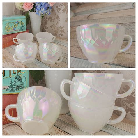 Wow Set Of Four Federal Glass Co Iridescent Moonglow Teacups Two