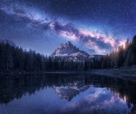 Milky Way Over Antorno Lake At Night Summer Landscape Stock Image