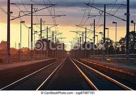 Railroad Track At Beautiful Sunrise Railway At Beautiful Sunrise
