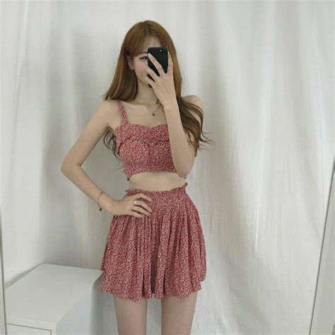 Coral Crop Top And Skirt Matching Set Korean Girl Mirror Selfie Fashion Outfits Mini Skirts