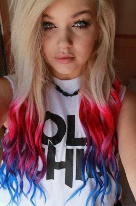 Blonde Hair With Red And Blue Dip Dyed Ends