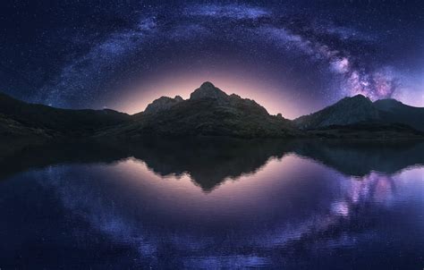 Wallpaper The Sky Water Stars Mountains Night Reflection The