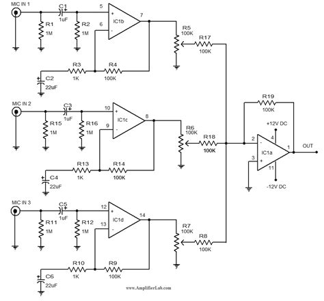 This circuit may used for any kind of audio signal (microphone, radio, mp3 player, etc). Microphone Pre-amplifier Circuit Diagram Using LM348 IC - The Circuit