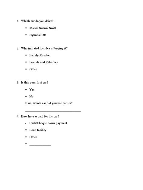 Cars Questionnaire Wid Suggestions Car Vehicles