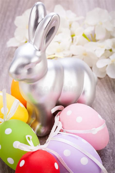 Easter Still Life With A Silver Bunny And Eggs Stock Photo Image Of