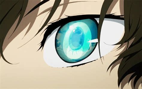 an anime character s blue eye with long black hair and green eyeshade
