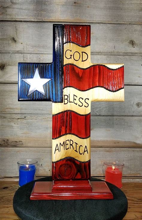 American Flag Cross God Bless America Stained Glass Star