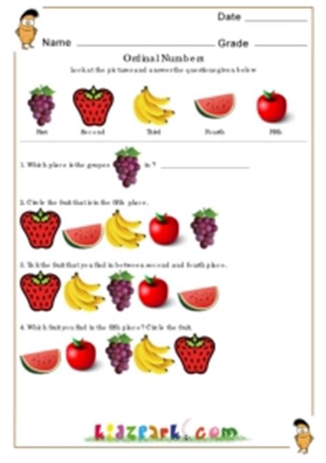 Fruits Containing Ordinal Numbers Worksheets for Kids,Printable Worksheets