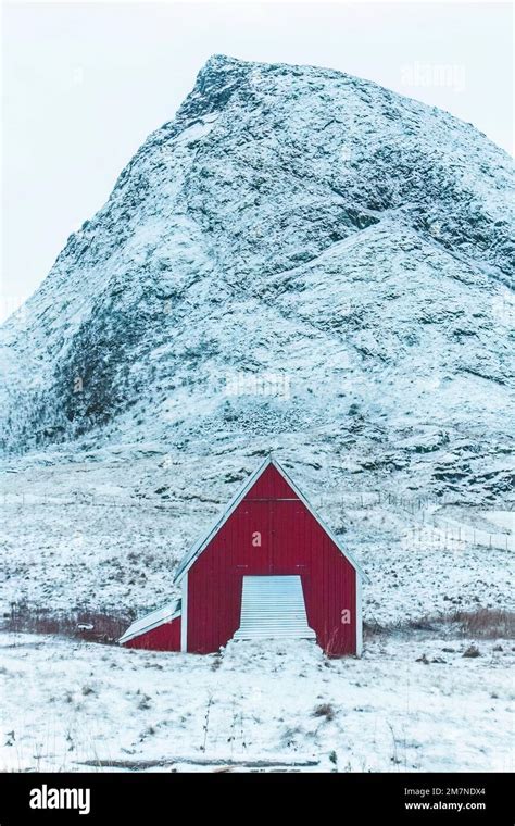 Lonely Red House In The Snowy Landscape In Norway Old Residential