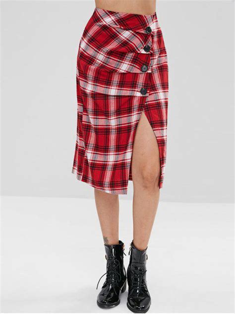 34 Off 2021 Zaful Plaid Button Up Slit Skirt In Red Zaful