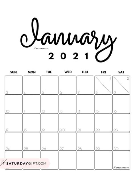 Download 2021 and 2022 calendars. Cute (& Free!) Printable January 2021 Calendar | SaturdayGift