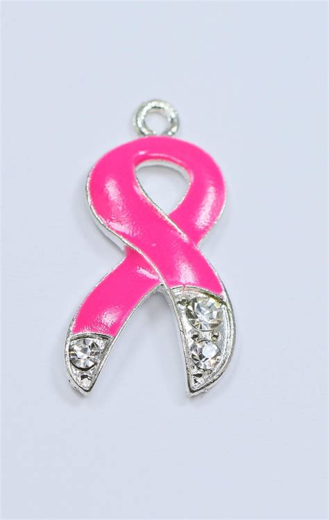 Bead Breast Cancer Awareness Ribbon Charm with Rhinestone (29mm) (10