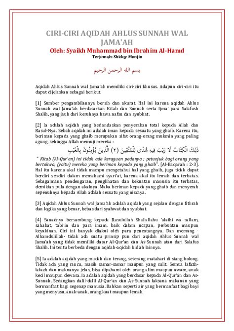 (PDF) CIRI-CIRI AQIDAH AHLUS SUNNAH WAL JAMA'AH Oleh: Syaikh Muhammad