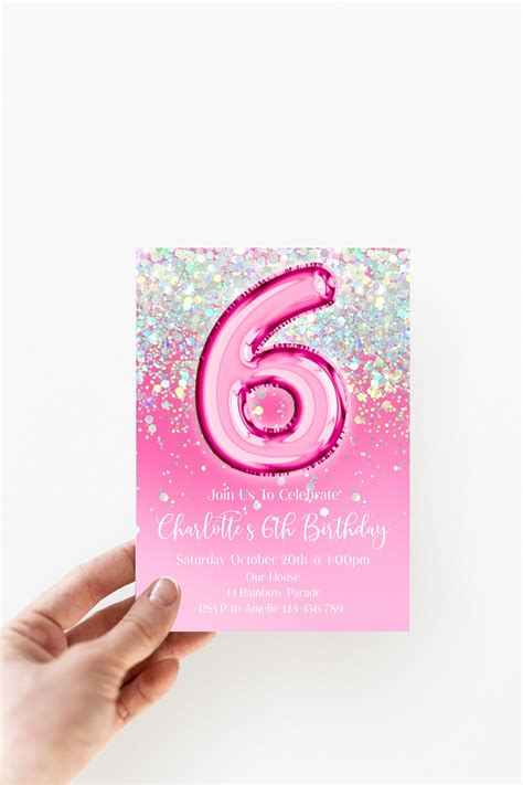 6th Birthday Invitation Editable Pink Glitter Birthday Etsy