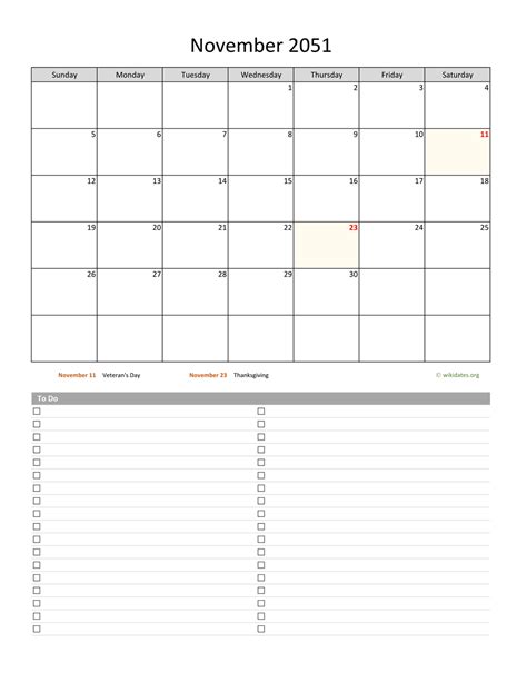 November 2051 Calendar With To Do List