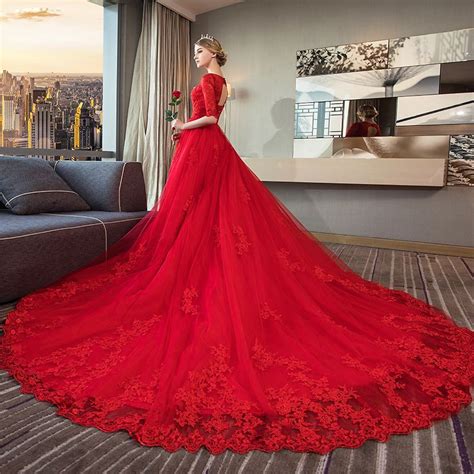 Elegant Red Wedding Dresses 2018 Ball Gown Scoop Neck 1 2 Sleeves Backless Appliques Lace Ruffle