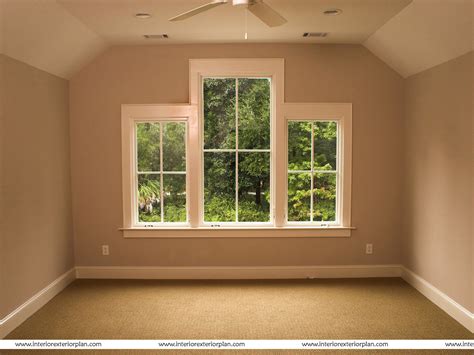 Empty workplace with notepad, house plant and laptop with blank screen. Interior Exterior Plan | Empty bedroom with large windows