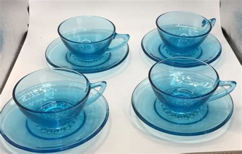 VINTAGE MCM HAZEL Atlas Capri Aqua Blue Hobnail Glass Coffee Cups Set