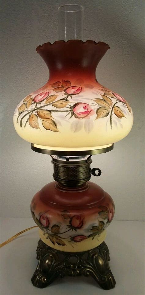 22” Antique Glass Globe Gone With The Wind Hurricane Lamp 3 Way Pink Roses Glass Globe