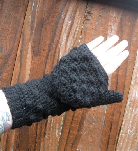 Black Convertible Mittens Fingerless Gloves Crochet Gloves Ready To