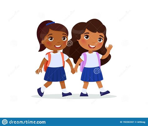 two schoolgirls going to school flat vector illustration couple pupils in uniform holding hands