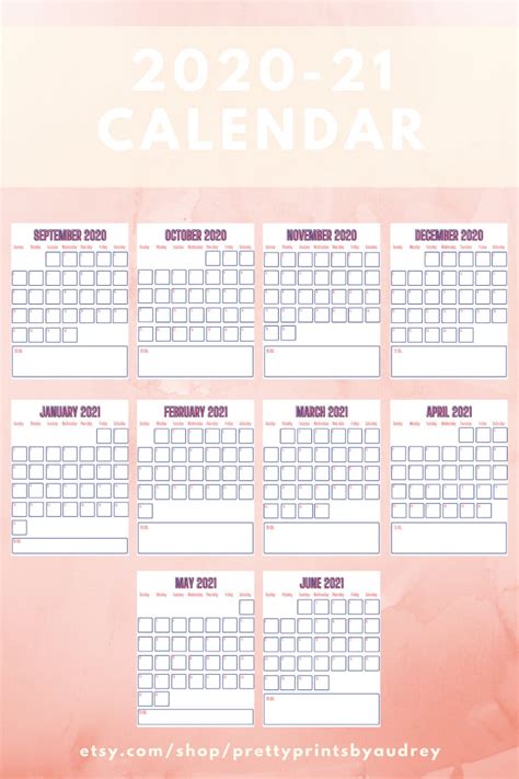 Printable Calendar 2020 21 Monthly Calendar Etsy Printable Calendar