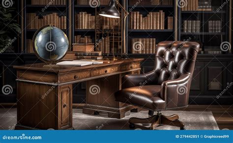 Ai Generative Luxury Library Interior with Bookshelf and Leather