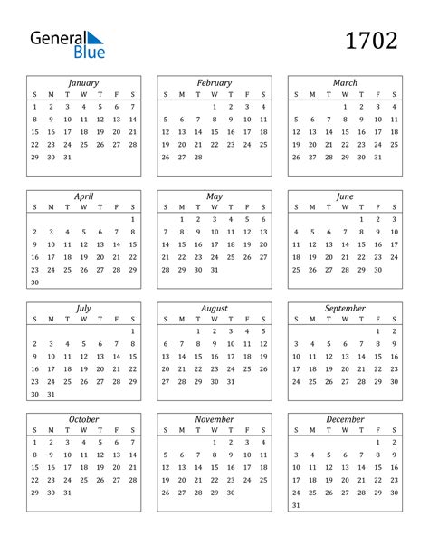 1702 Calendar Pdf Word Excel
