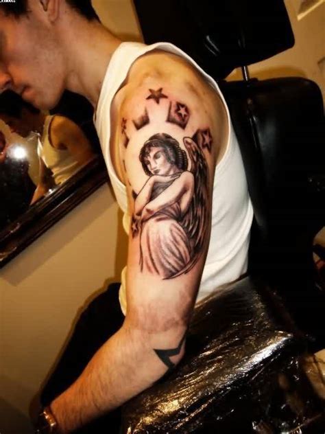 Preety Angel Girl Sitting On Upper Arm Tattoo For Men