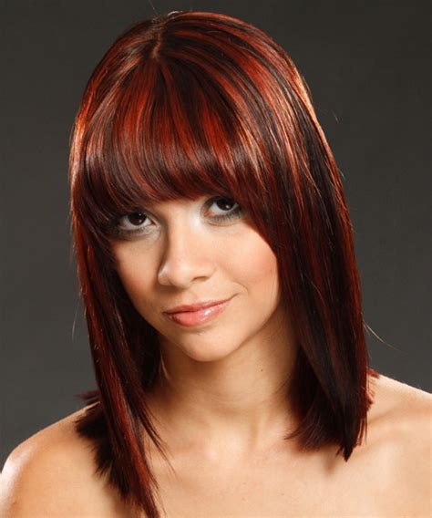 Medium Straight Dark Red Hairstyle With Blunt Cut Bangs And Dark Red