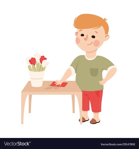 Cute Boy Wiping Dust From Table Kid Helping His Vector Image