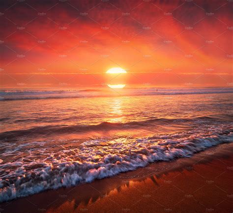 Beautiful Red Sunset On Beach High Quality Nature Stock Photos