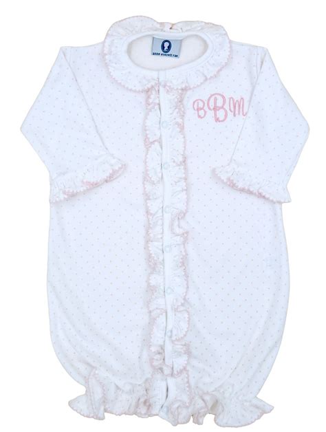 Pima Ruffled Converter Gown White With Pink Dots Baby Girl Coming Home