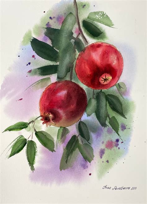 Original Watercolor Painting With Red Pomegranate X Etsy