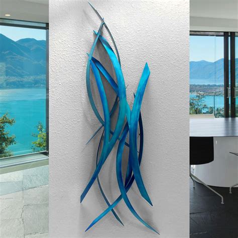 abstract metal wall art sculpture weathered blue teal vertical crosswinds by dustin miller