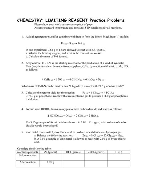 Chemistry Limiting Reactant Worksheet